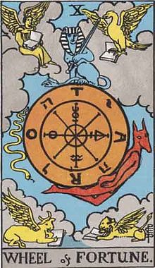 イメージ画像：タロットカード 大アルカナ 10: 運命の輪（Wheel of Fortune）ー 正位置 意味：運命の法則。チャンスは前方に。つかめるかはあなた次第。それを見守るスフィンクス。