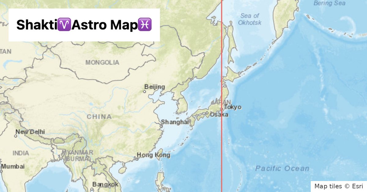 「Shakti Astro Map」の題字と、世界地図の上で獅子座20度にあたる東経140度の赤い線が日本を縦に通っている様子