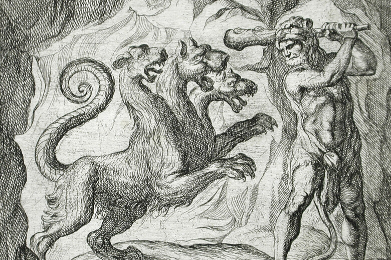 ギリシャ神話の冥界の王ハーデースと三頭犬ケルベロスを描いた古典的な線画スタイルの図像