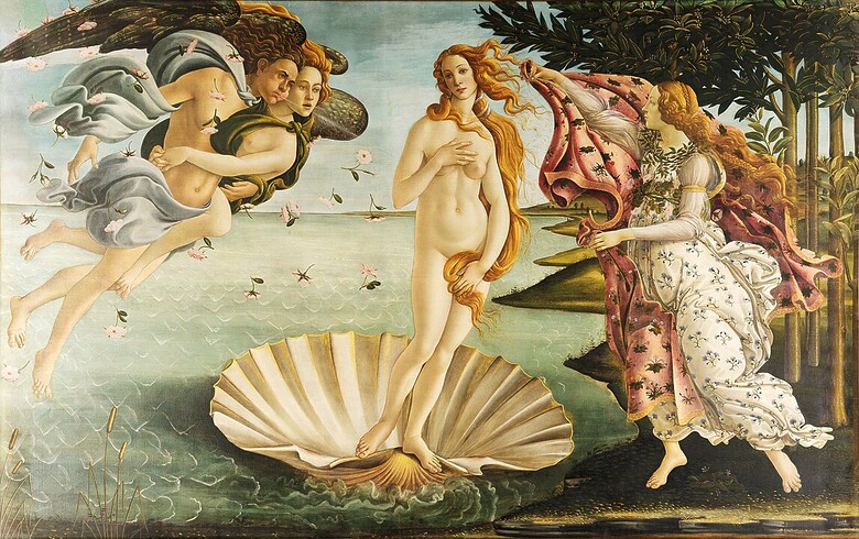 サンドロ・ボッティチェッリ - Adjusted levels from File:Sandro Botticelli - La nascita di Venere - Google Art Project.jpg, originally from Google Art Project. Compression Photoshop level 9., パブリック・ドメイン, https://commons.wikimedia.org/w/index.php?curid=22507491による