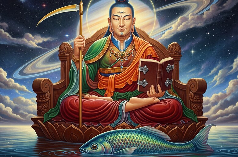 宿曜経の土曜日を象徴する曼荼羅。土星、土天子、魚が描かれた静寂と深遠さを感じる東洋画。