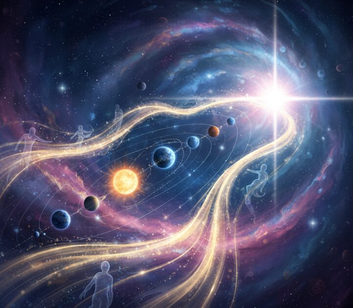 グラデーション銀河を旅する太陽系と上昇する半透明の人影。「ascending spirit」