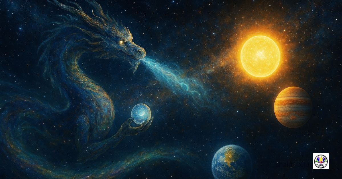 天文学が神話に追いつくとき ― 3I/ATLAS(3Iアトラス)。銀河を渡る龍が太陽と惑星を結ぶ神話的ビジョン。科学と叡智が交差する瞬間を象徴する幻想的なイメージ。