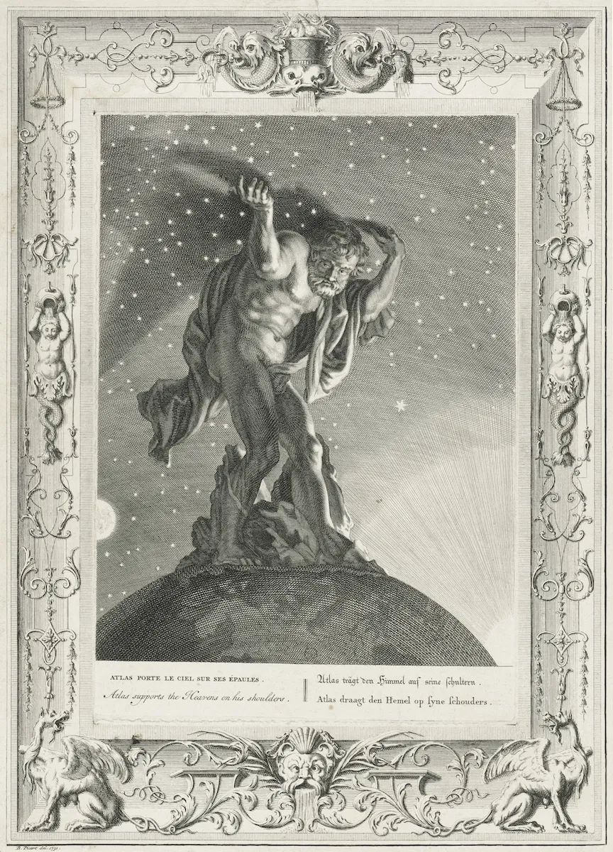 ベルナール・ピカール作(1723年)の銅版画。ヘシオドスの神統記に描かれた、天球(宇宙)をその広き肩に担う巨人アトラス。
