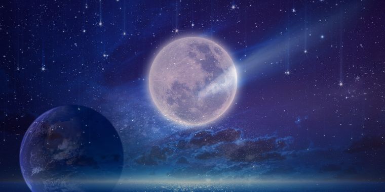 満月にかかる彗星の帯と地球