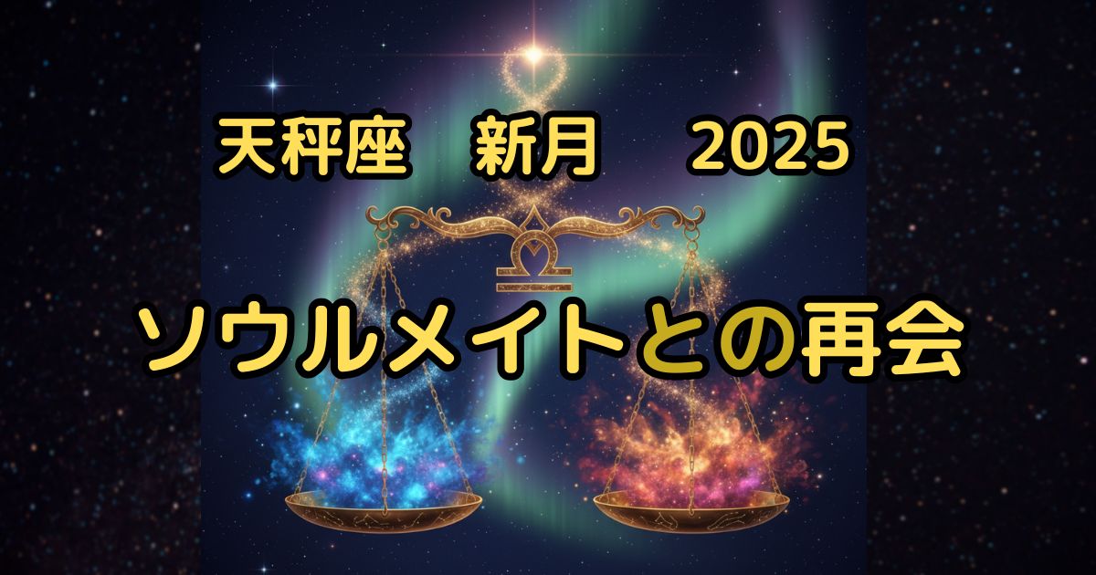 2025年10月天秤座の新月を象徴するアイキャッチ画像。オーロラが輝く宇宙で、金色の天秤が青(陰)と赤(陽)の魂のような光を乗せている。