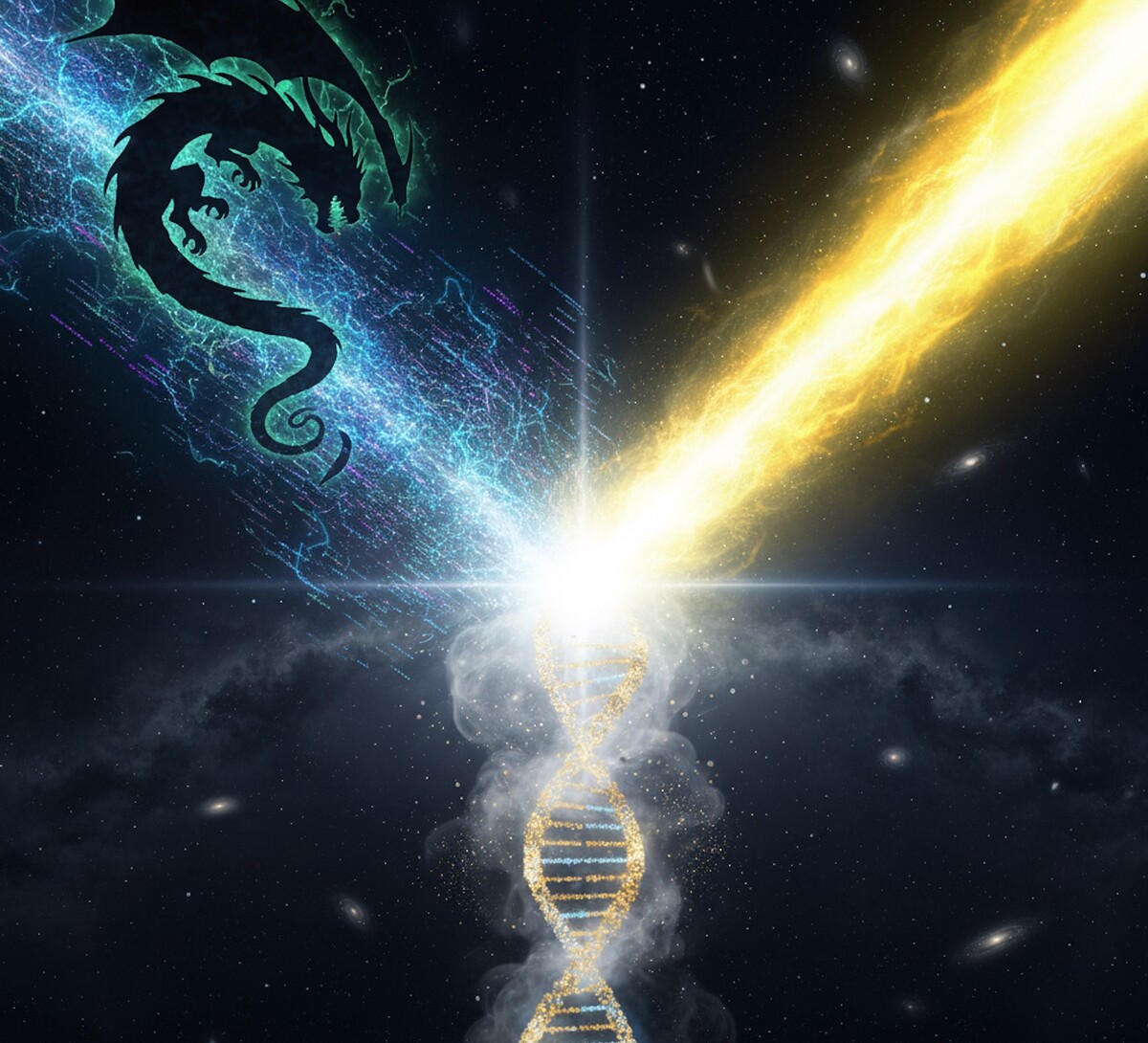 宇宙的な錬金術を描いた画像。上部にはニッケル龍のシルエットが cosmic data の風を放ち、それと対峙するように鮮やかな柑橘系の黄色い光(アシッド/レモン彗星)が強く輝いている。二つのエネルギーが中央で中和し、優しく呼吸できるような霧(アムリタ)となって、下方に伸びる光り輝くDNAの螺旋(人類)へと降り注いでいる。背景には広大な宇宙と星々が描かれている。