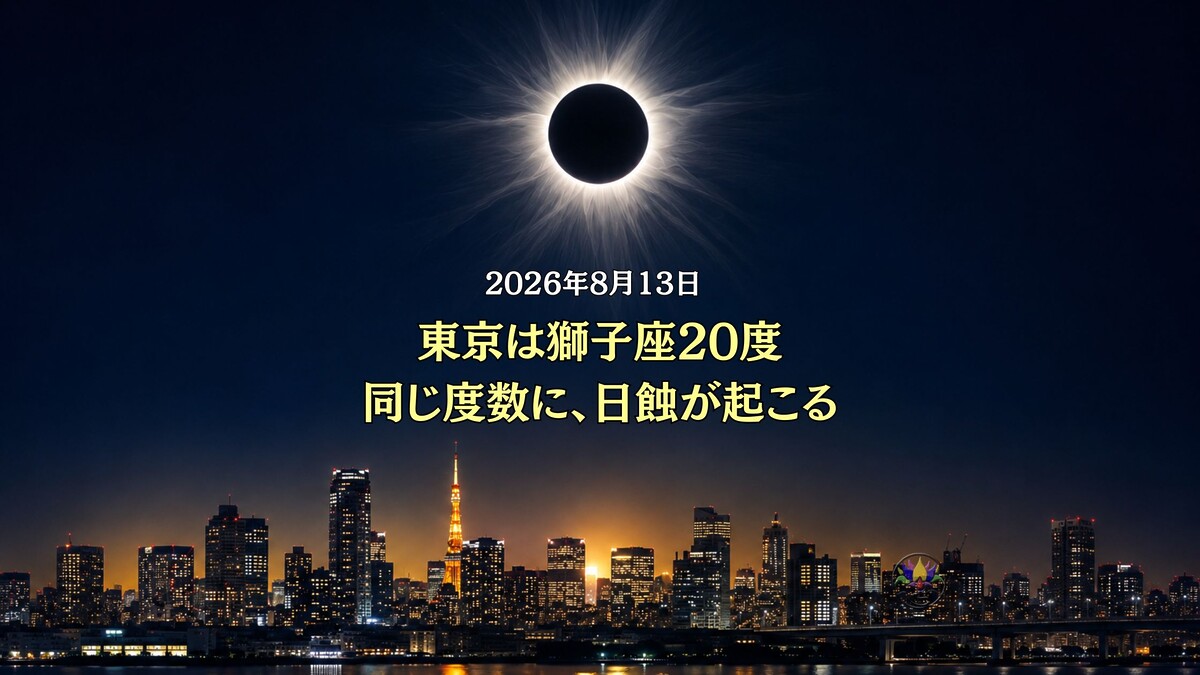 東京の夜景と獅子座20度の皆既日蝕をイメージした黒い太陽